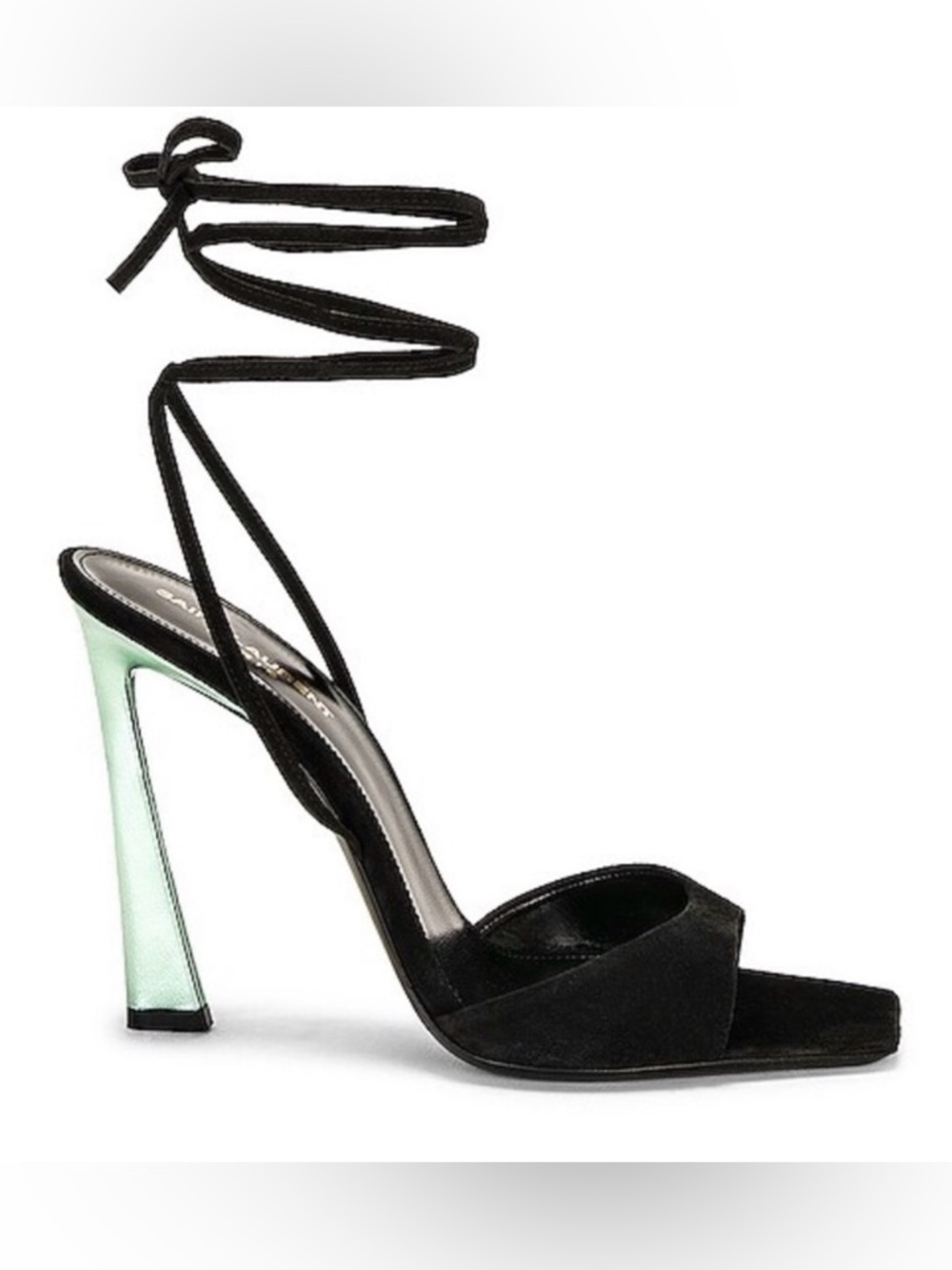 SAINT LAURENT Black Green Suede Metallic Vitti Wrap Around Sandal 39.5